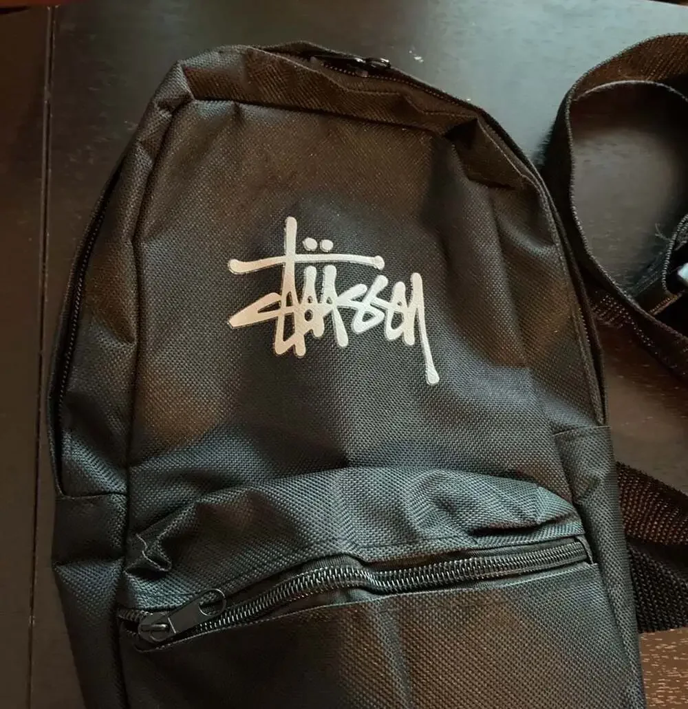 Stussy Troops Black Sling Bag Crossbody Backpack with American Flag Patch